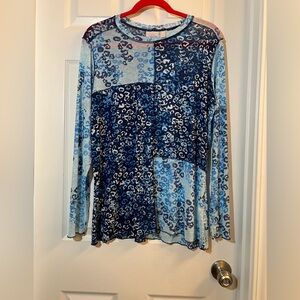 LOGO by Lori Goldstein Patchwork Long Sleeve Top - Blue and White
